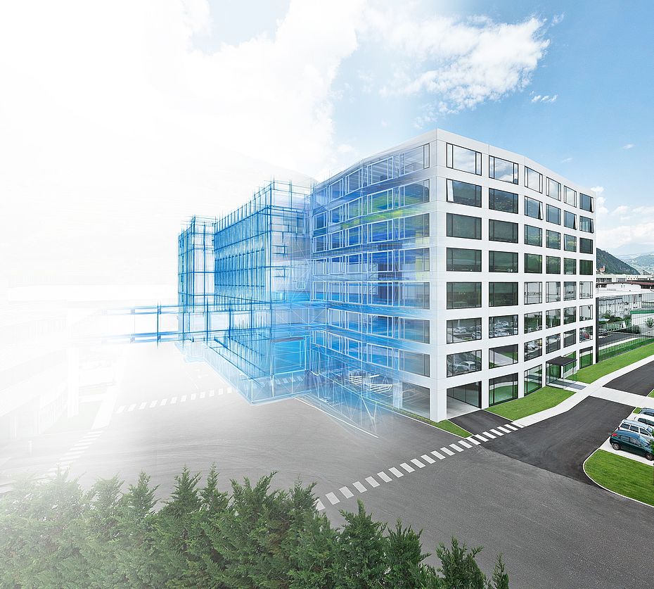 Modernes Bürogebäude als BIM-Modell – Übergang von digitalem Entwurf zur Realität